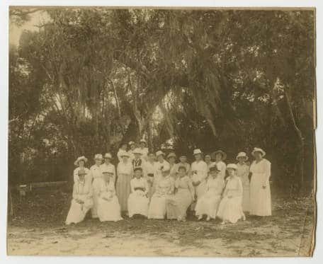1917 vintage photo women club members in period white dress at yard