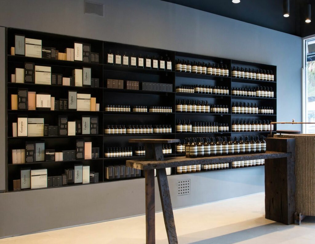 Aesop interior building display shelves with products lined up neatly.