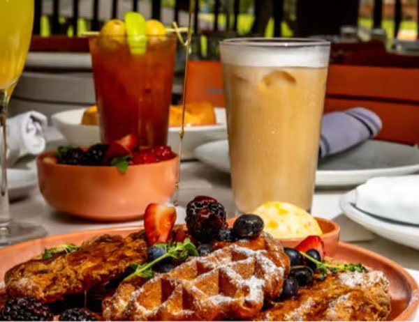 Two types of alcoholic drinks next to brunch type dishes such as berries and waffles.