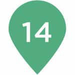 Light green map location icon with the number '14' in the middle. This illustrated icon provides indication of a location of a spot on a map.
