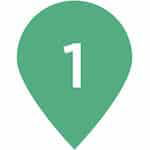 Light green map location icon with the number '1' in the middle. This illustrated icon provides indication of a location of a spot on a map.