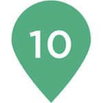 Light green map location icon with the number '10' in the middle. This illustrated icon provides indication of a location of a spot on a map.