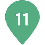 Light green map location icon with the number '11' in the middle. This illustrated icon provides indication of a location of a spot on a map.
