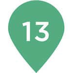 Light green map location icon with the number '13' in the middle. This illustrated icon provides indication of a location of a spot on a map.