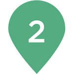 Light green map location icon with the number '2' in the middle. This illustrated icon provides indication of a location of a spot on a map.