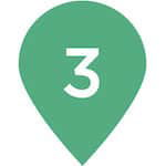 Light green map location icon with the number '3' in the middle. This illustrated icon provides indication of a location of a spot on a map.