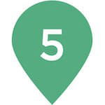 Light green map location icon with the number '5' in the middle. This illustrated icon provides indication of a location of a spot on a map.