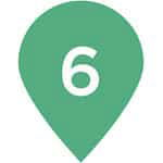 Light green map location icon with the number '6' in the middle. This illustrated icon provides indication of a location of a spot on a map.