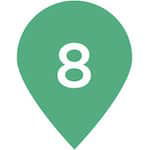 Light green map location icon with the number '8' in the middle. This illustrated icon provides indication of a location of a spot on a map.