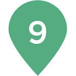 Light green map location icon with the number '9' in the middle. This illustrated icon provides indication of a location of a spot on a map.