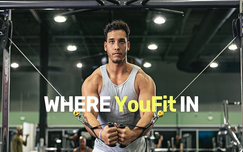 Man working out using gym equipment with text that reads “Where you fit in”.