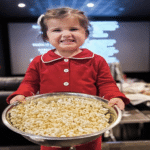 A little child wearing red PJs, holding a bowl of popcorn standing in a movie theater.