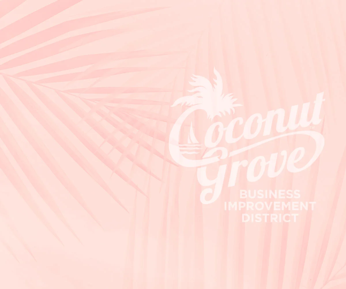 Light pastel pink with palm fronds behind the Coconut Grove logo in white.