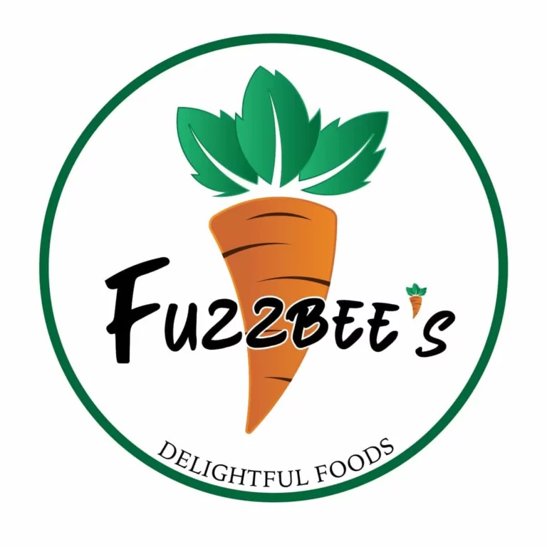 Cartoon orange carrot with green leaves and black lettering spelling Fuzzbee's