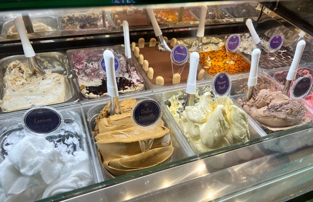 Up close view of the options of Gelato flavors being served at Danielle’s Gelato.