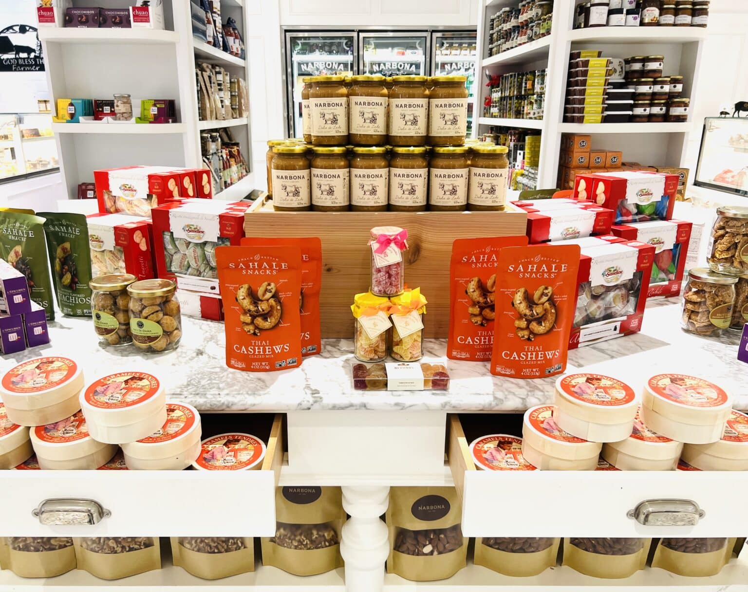 A display of food on shelves from Narbona.