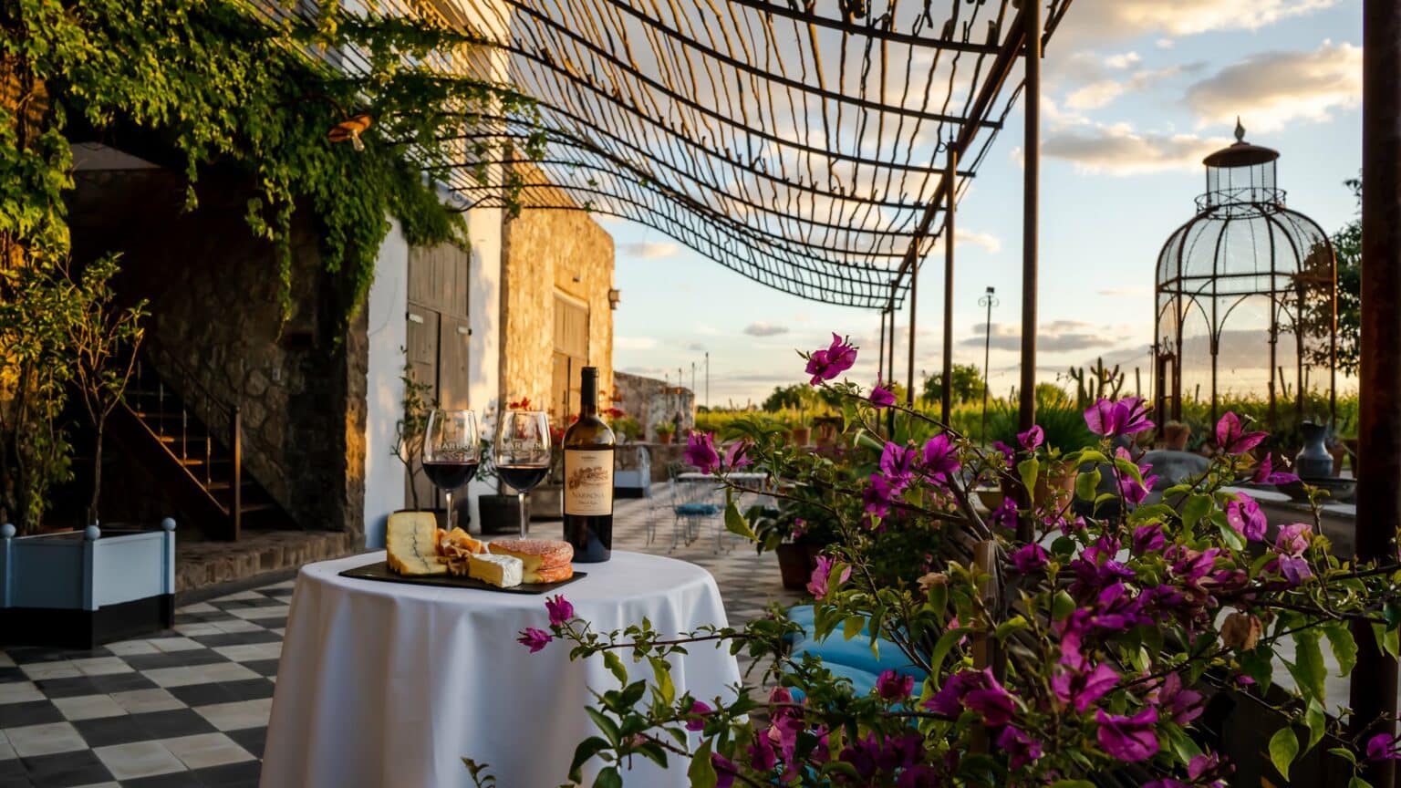 A plate of multiple kinds of cheese is sitting on a table with a white tablecloth, wine glasses, and a bottle of wine. The table is outside with beautiful flowers and a sunset.