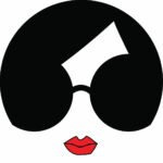 Alice + Olivia logo, an illustration of a face wearing sunglasses and red lipstick