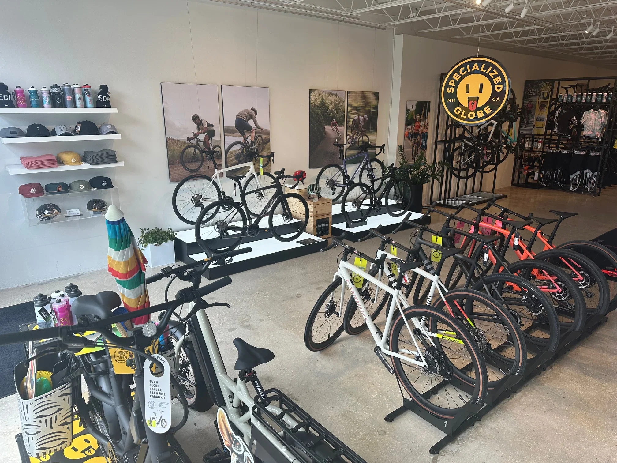 Bicycles and gear on display at Specialized bike shop in Miami, Coconut Grove, FL.