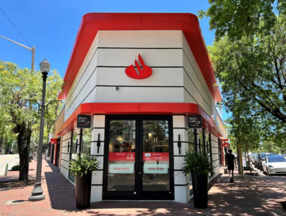 Exterior of red building Santander-Work-Cafe