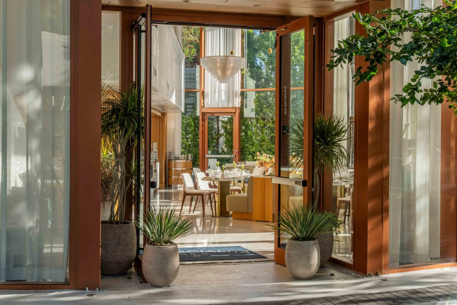 cafe seating area and entrance doorway