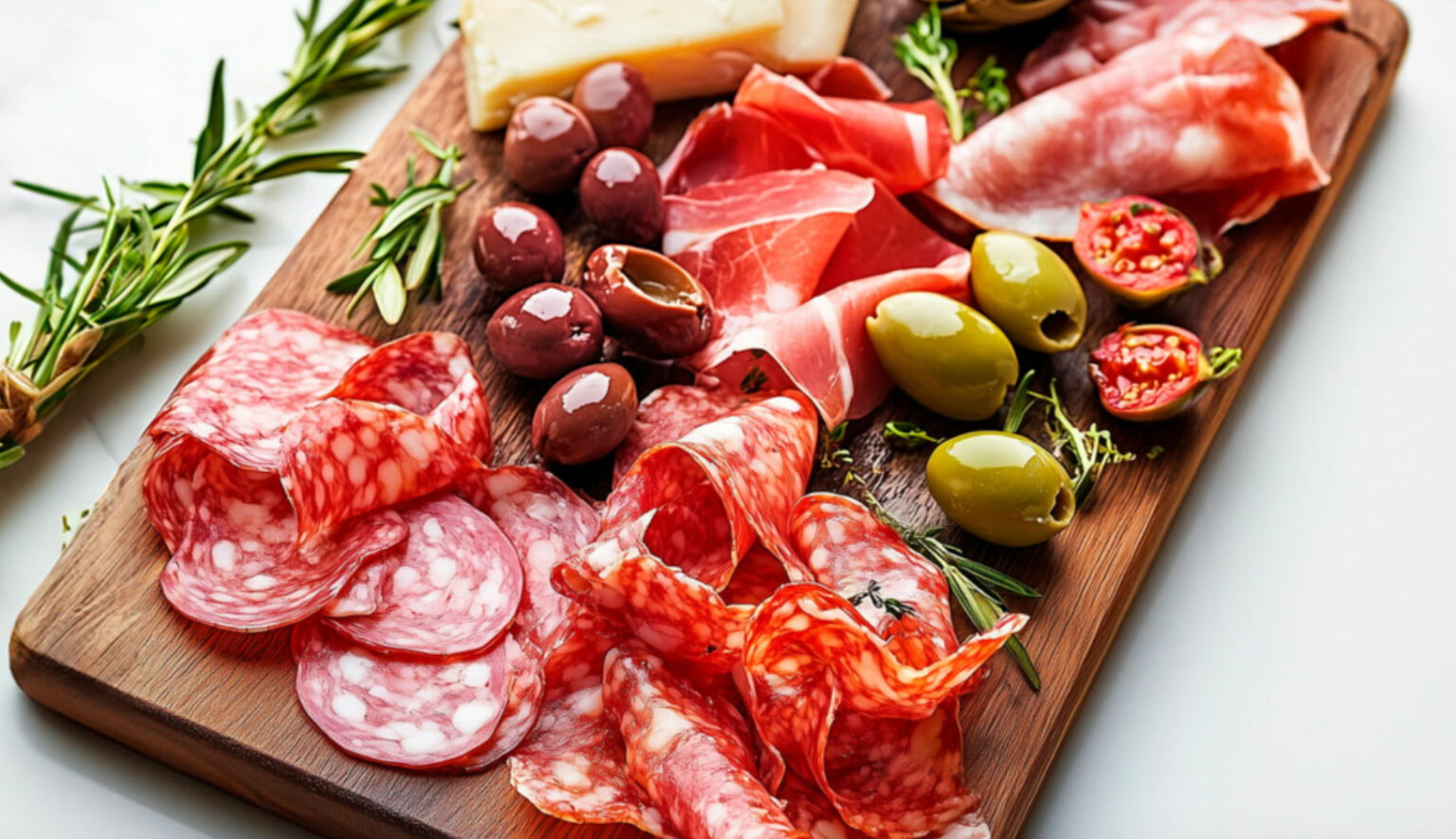 a charcuterie board with fresh meats, herbs and olives