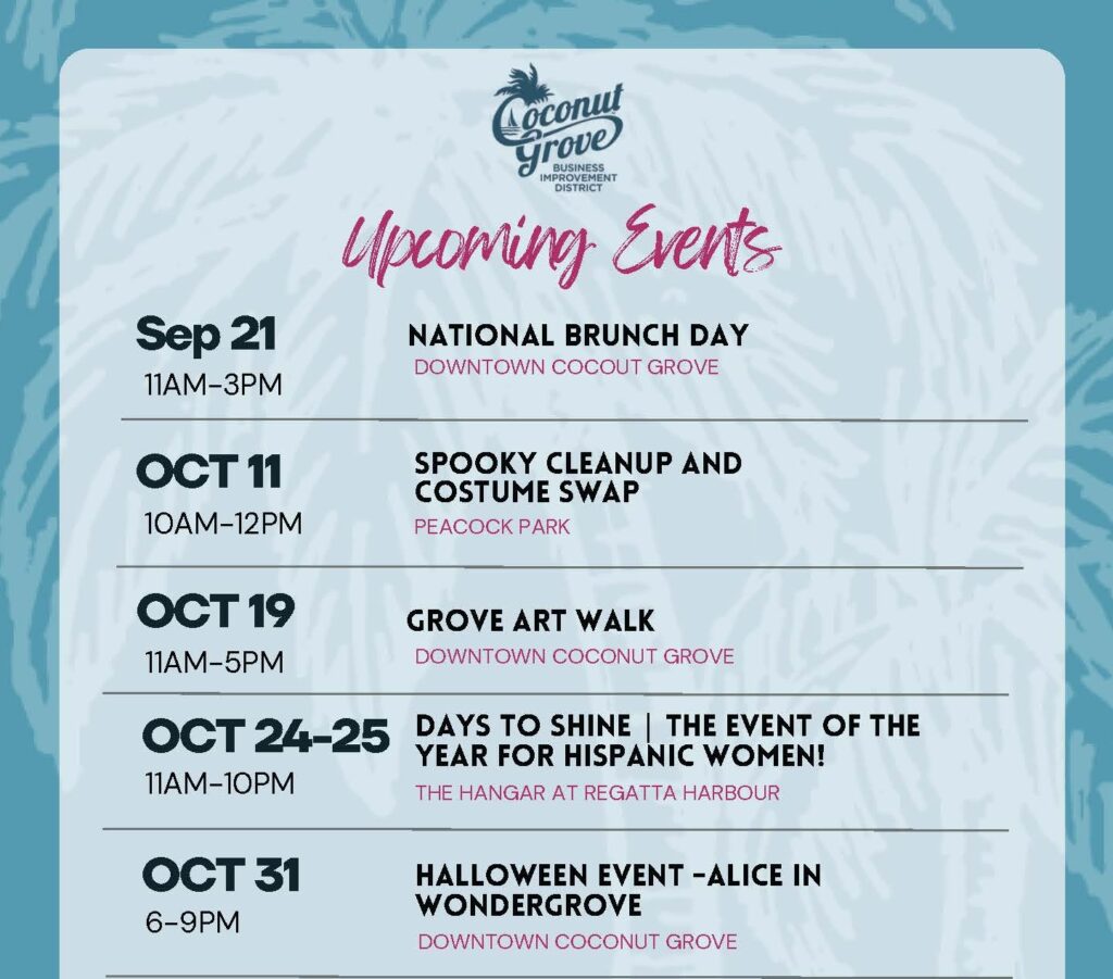 A list of upcoming events and dates being held in Coconut Grove, overlaying palm tree illustrations.