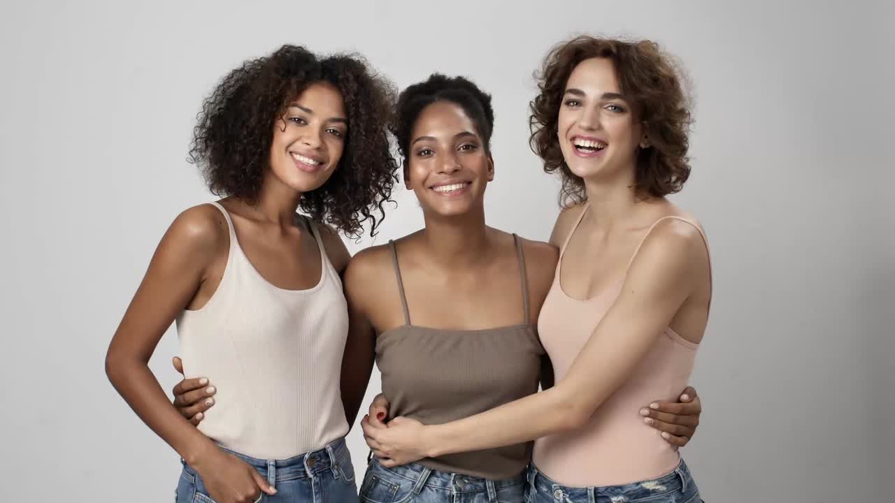 Three women posing for a group photo while smiling and wearing different colored tank tops.