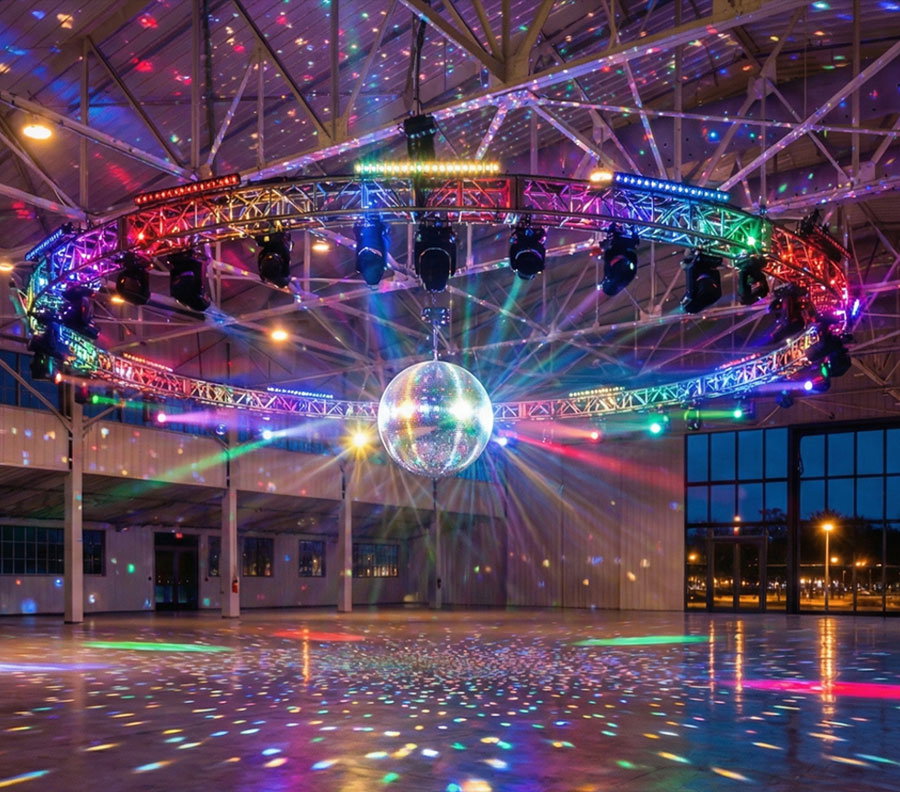 roller rink with disco ball and multi-colored lights