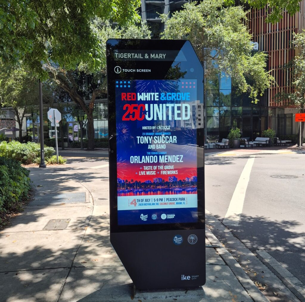 Outside kiosks advertising flyers for celebrations in Coconut Grove.