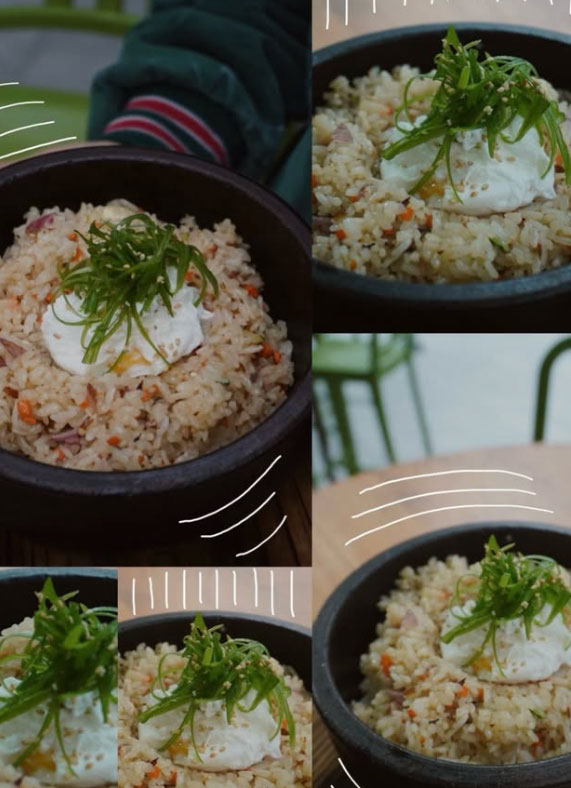a collage of bowls of sushi rice topped with sour cream and garnished with slivers of green onion