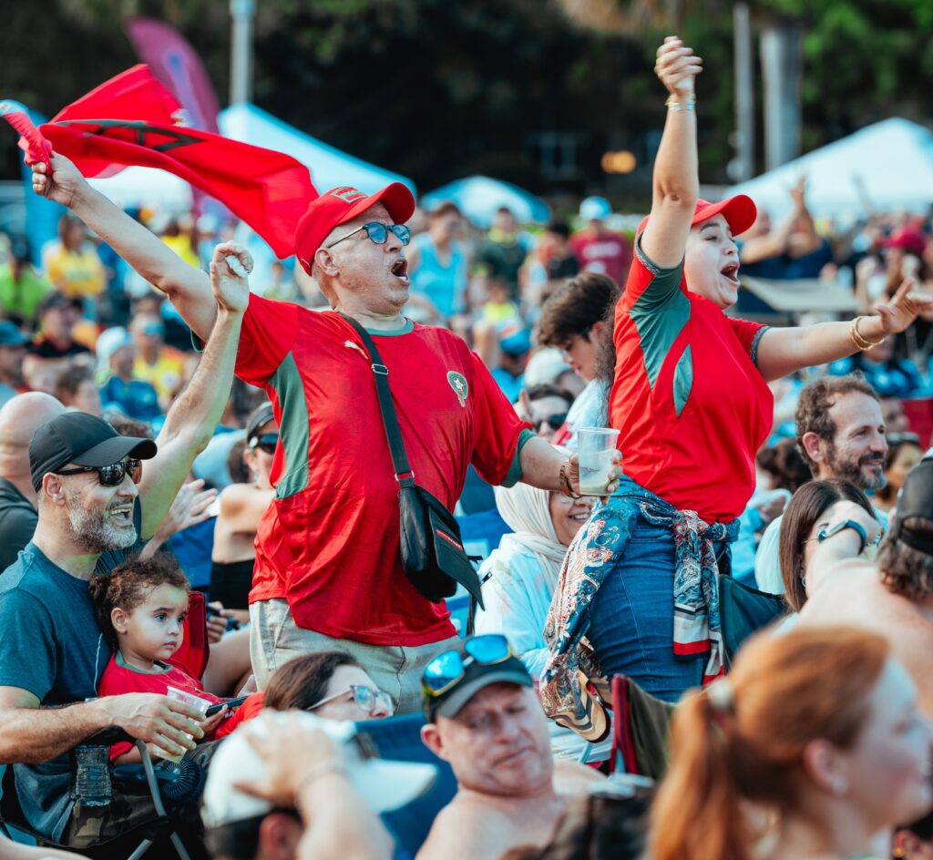 People cheering and watching a world cup game