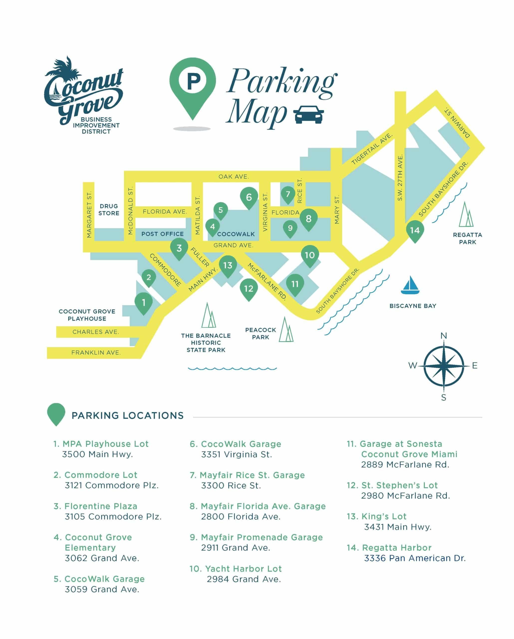 An illustrated parking map image with the locations of garages listed below.